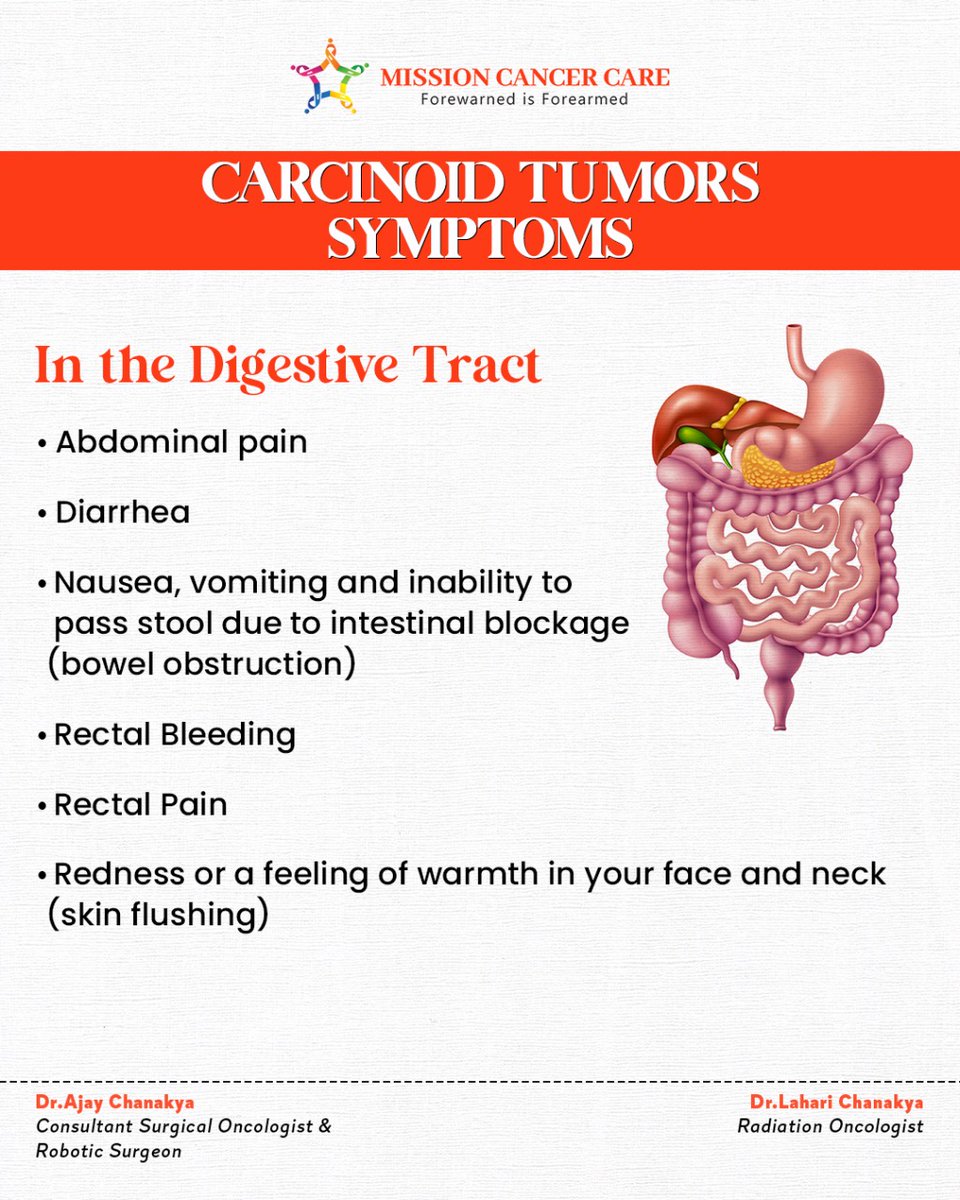 Few Carcinoid Tumors don't show up any signs and symptoms. 

The ones that shows up symptoms are based on the location of the tumor. 

Here are the list of symptoms based on the 2 common locations.

#carcinoidtumor  #tumor #cacinoidtumours  #missioncancercare #lahariandchanakya