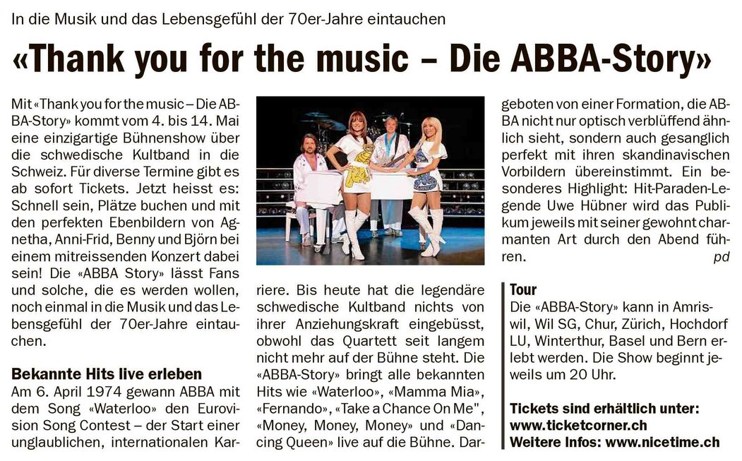 NiceTimeProduc's tweet image. Neue Tour aus St. Galler Nachrichten vom 21. Dez. 2022. @kantonsg @sanktgaIIen @KantonsspitalSG @abbamaniaLIVE @ABBALIVE @abbagoldbot @abbamania09 #abba #nicetime #live #abbalive