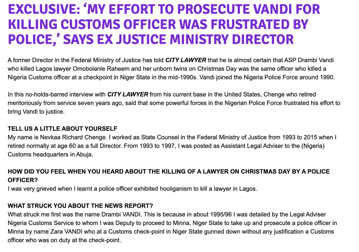 fisayosoyombo's tweet photo. I'm not in any way surprised to read that Bolanle Raheem's killer, ASP Drambi Vandi, is now being identified as the constable who extrajudicially killed a Customs officer in Niger back in 1995. https://t.co/rUo4MPXG0j