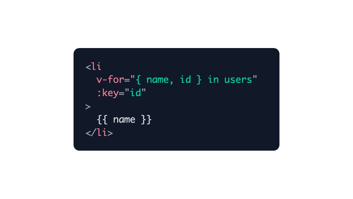 MichaelThiessen's tweet image. Did you know that you can destructure in a v-for in @vuejs?

It's more widely known that you can grab the index out of the v-for by using a tuple like this: