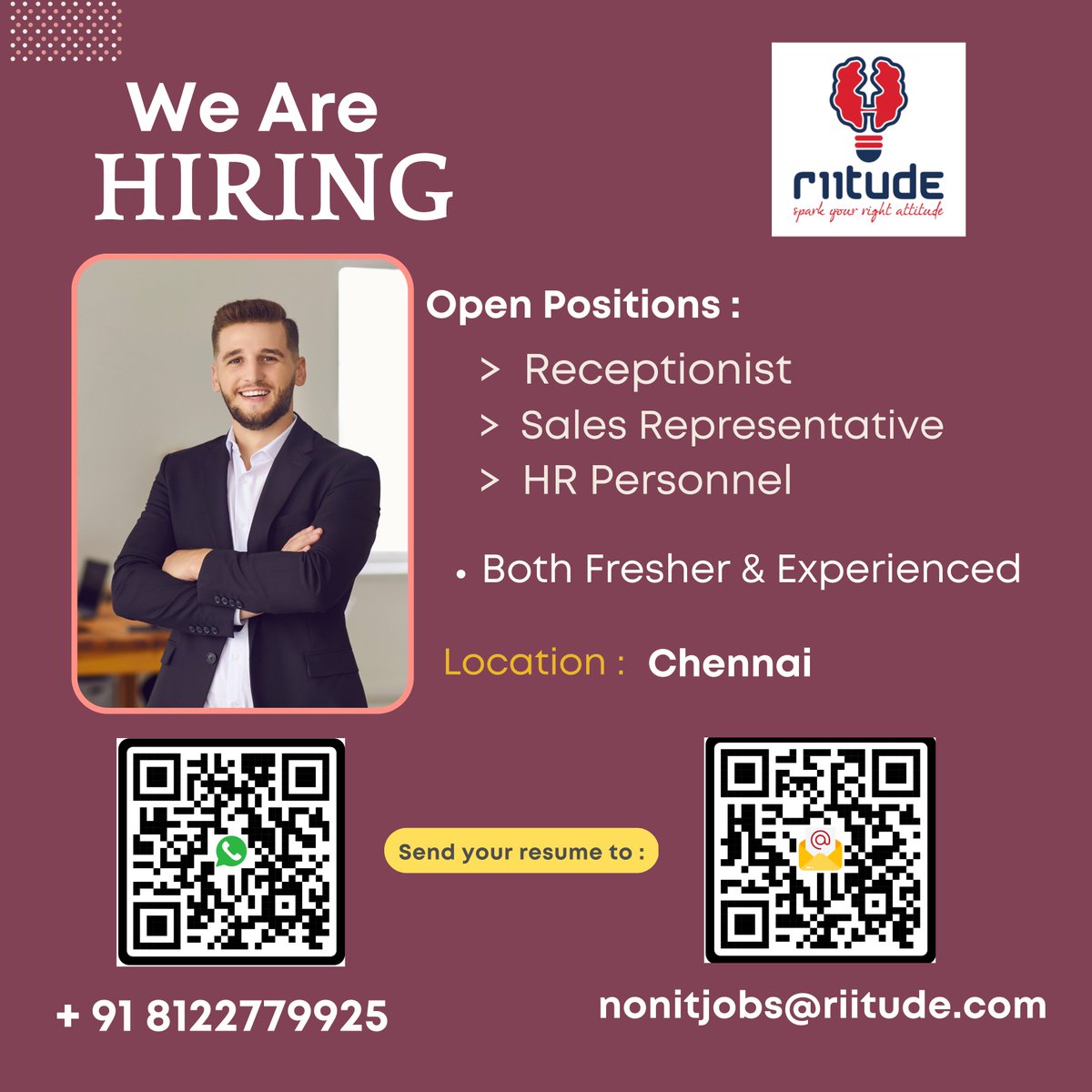 RiitudeNonIT's tweet photo. We are HIRING - ( Receptionist, Sales Representative, HR Personnel ).
Mail ID_nonitjobs@riitude.com
Contact us + 91 (0) 8122779925 https://t.co/Qs9vJYBSqW