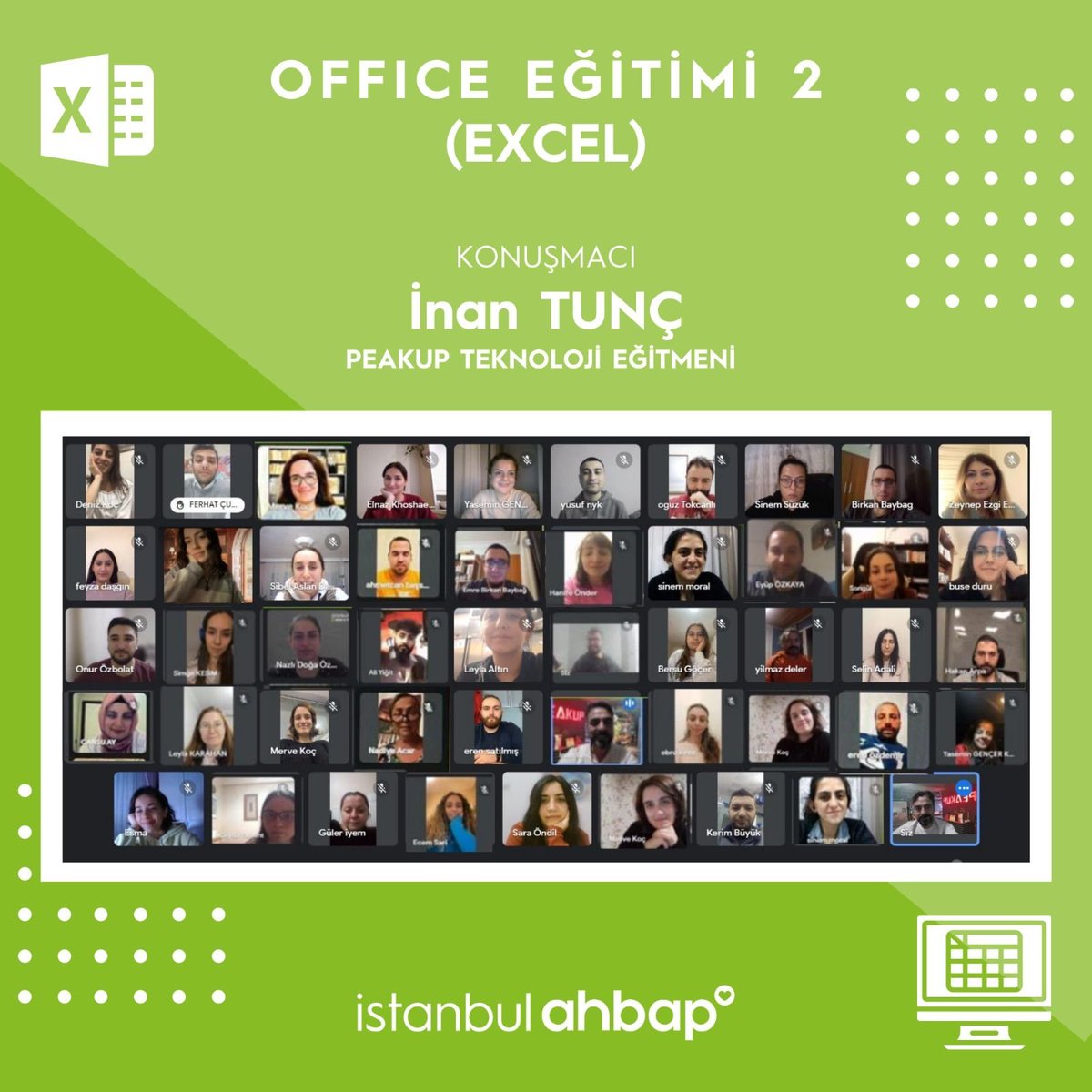 ahbapsaha's tweet photo. "Office Eğitimi (Excel)" etkinliğimizin 2. serisini Peakup Teknoloji Eğitmeni İnan Tunç'un anlatımıyla gerçekleştirdik. Birçok yeni bilgi öğrenip, bilgilerimizi de tazelemiş olduk. Katkılarından dolayı İnan Tunç'a ve Ahbaplarımıza teşekkür ederiz.💚 @ahbap_biltek @ahbap_egitim https://t.co/NJgEBU0w4a