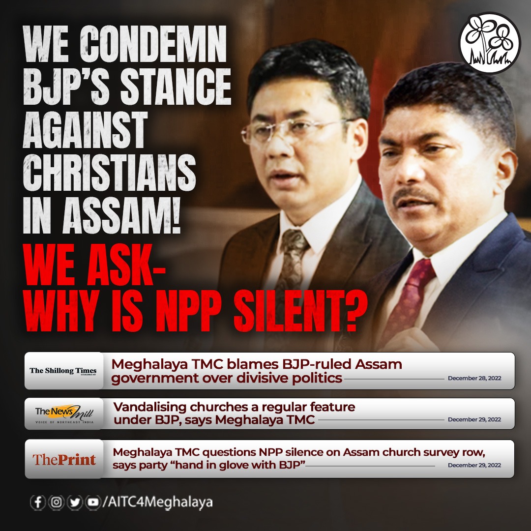 AITC4Meghalaya's tweet photo. While attacks against Christians in @BJP4India-ruled states are on the rise, @nppmeghalaya chooses to STAY SILENT, belittling entire Christian community of the state and the nation!

Our State VPs @georgeb_lyngdoh and @SangmaZenith rebuked the NPP-BJP NEXUS!

#TMC #Meghalaya https://t.co/lAbopN02ld