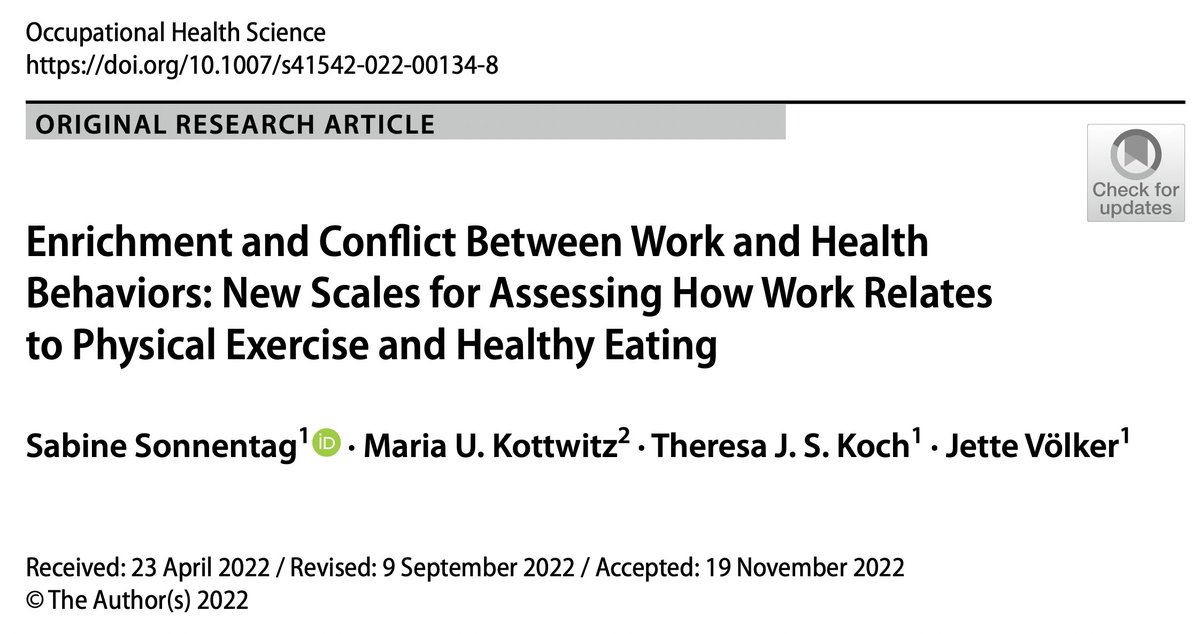 Great way to end the year 🎉 our scale development paper on enrichment and conflict between work and health behaviors (led by @SabineSonnentag) is now published in Occupational Health Science 🍏🏃 Open access to full text: doi.org/10.1007/s41542…
