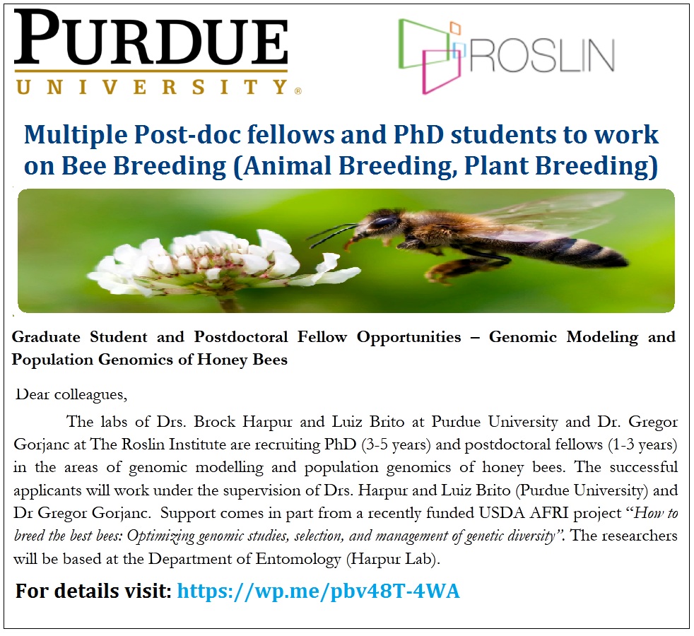 📌 Multiple Post-doc fellows and PhD students to work on Bee Breeding (Animal Breeding, Plant Breeding) at Purdue University, United States 🇺🇸... Please Retweet and spread the word! For details visit the link below👉 wp.me/pbv48T-4WA