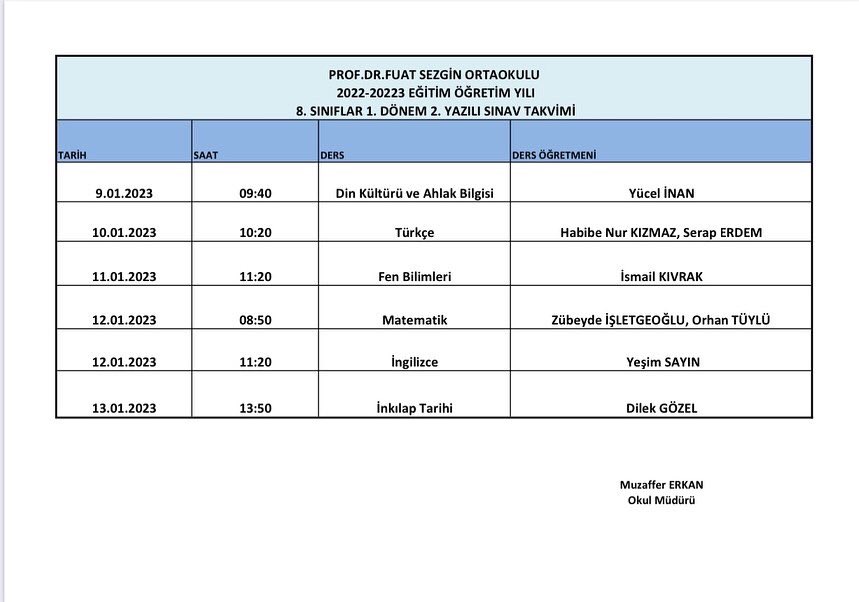 5,6,7 ve 8. Sınıflar 1. Dönem 2. Yazılı Sınav Takvimi