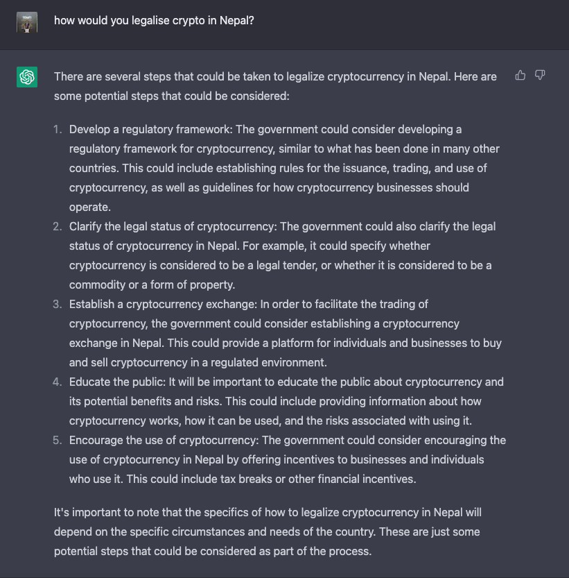 AI tells how we legalize crypto in Nepal! It even suggests encouraging the use of cryptocurrency.
#crypto #blockchainfornepal