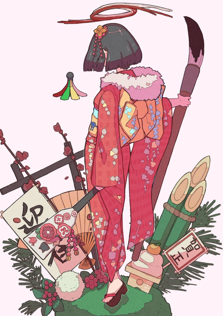 1girl japanese clothes solo kimono black hair obi sash  illustration images
