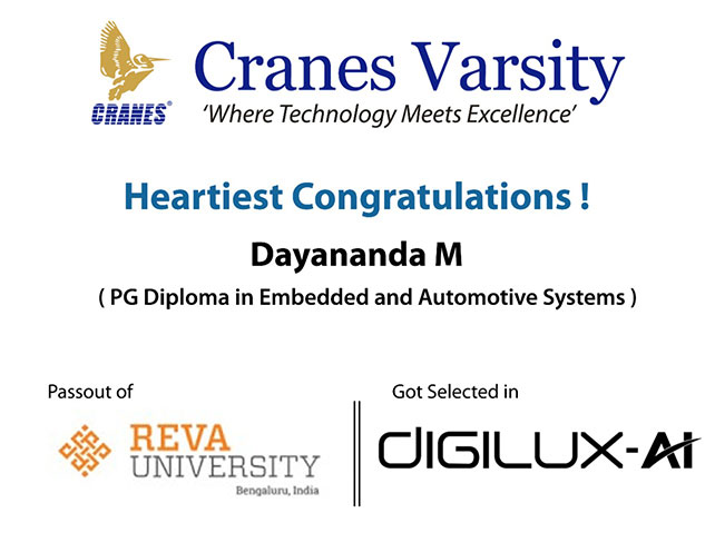 CranesVarsity's tweet photo. Cranes Varsity is extremely happy to announce our students got placed in #Digilux, #GNDSolutions and #nexsys

#embeddedsystems #automotive #training #electronics #Linux #programming #rtos #AUTOSAR #MATLAB #Simulink #Ubuntu #placement #engineering #cranesvarsity #edtech #bangalore https://t.co/ym1IFuxWGy