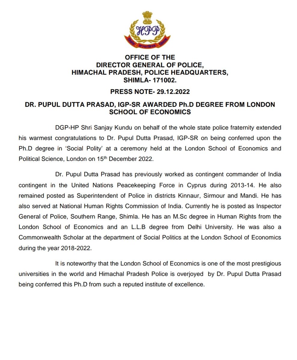 himachalpolice's tweet photo. #PressNote #PHD #LondonSchoolOfEconomics #SouthernRange #HPPolice https://t.co/SZ1wMKdP0u