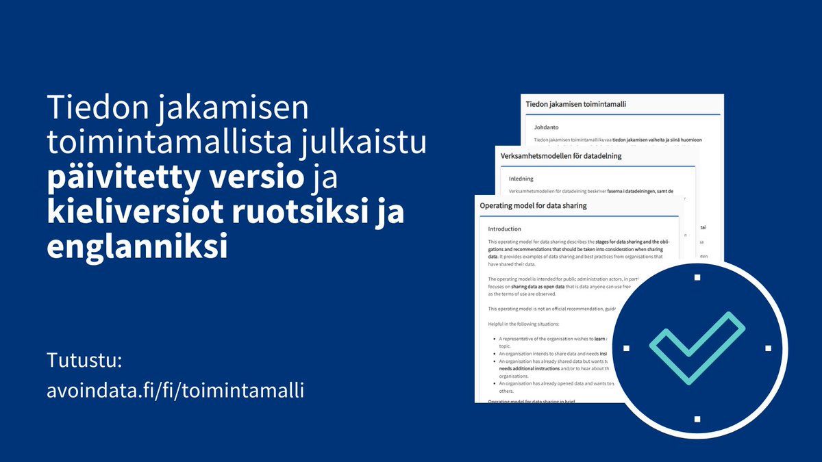 Päivitimme tiedon jakamisen toimintamallia ja julkaisimme sen myös ruotsiksi ja englanniksi. Käy tutustumassa päivitettyyn sisältöön ja kieliversioihin➡️ avoindata.fi/fi/toimintamal… Jatkamme toimintamallin kehitystä tänä vuonna. #avoindata
