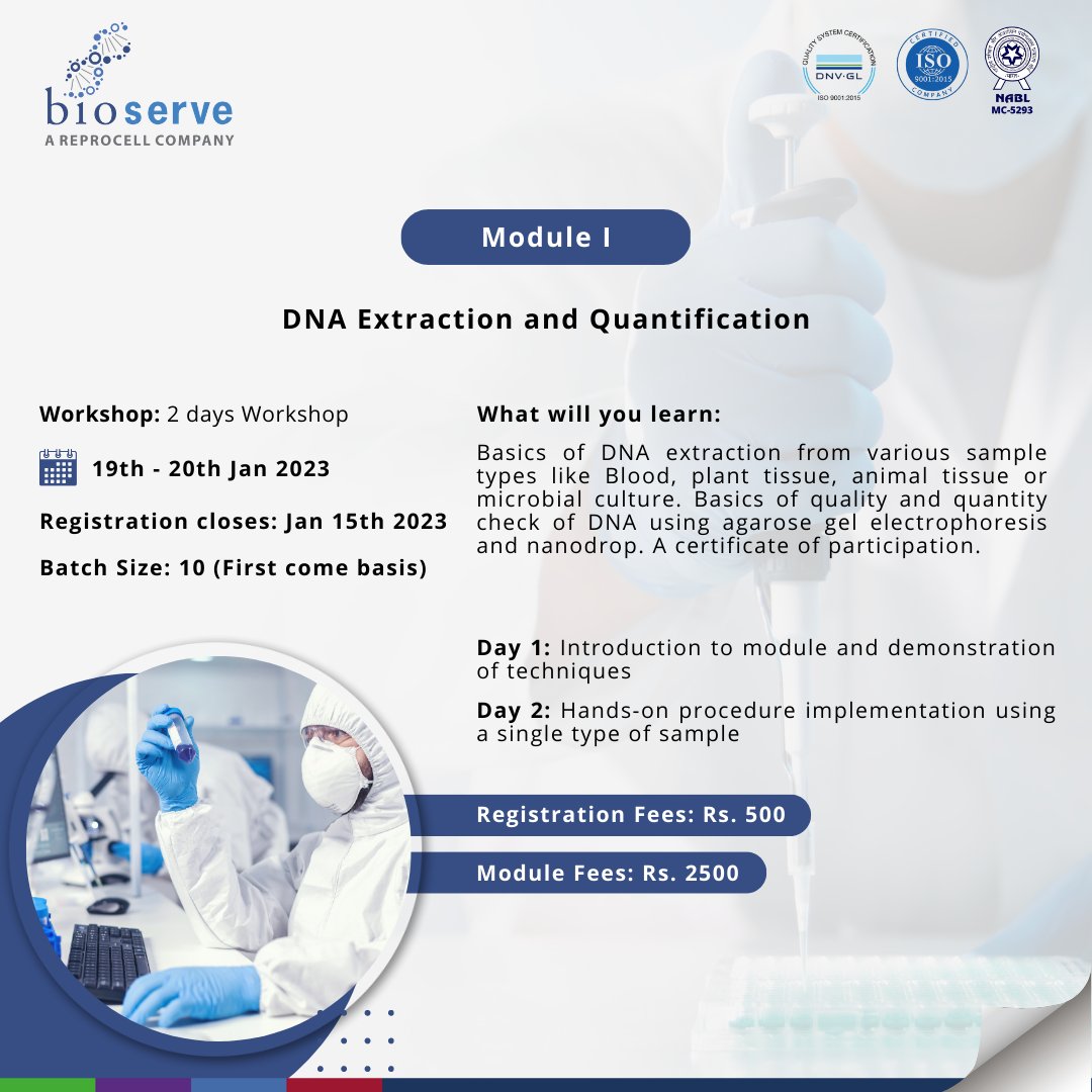 BioserveB's tweet photo. BioServe Offers Short Hands-On Training Molecular Biology Workshops!
To Know more or Register Visit here https://t.co/a6ylXW4LoG
#BioServe REPROCELL #Training #MolecularBiologyWorkshops #DNAExtraction #DNASequencing #SangerTechnique #MolecularIdentificationOfMicroOrganisms https://t.co/WQyB758N2v