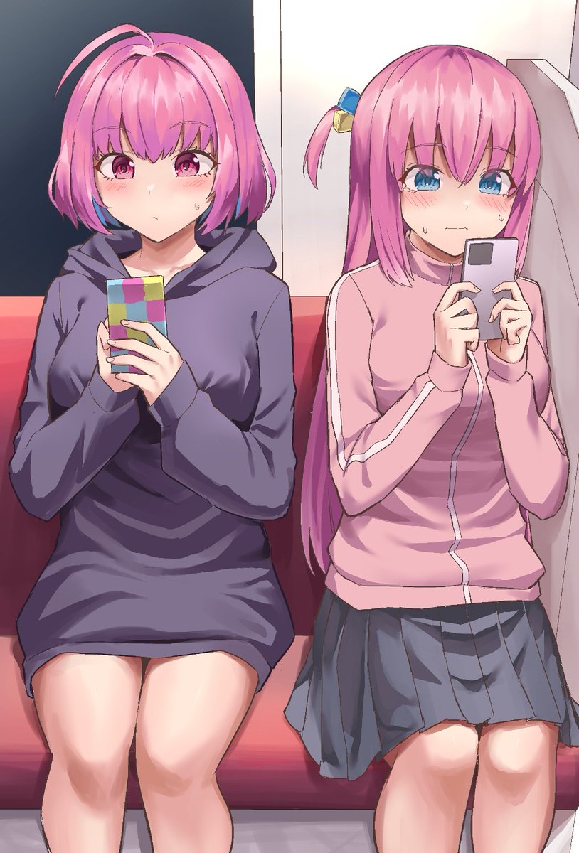 gotou hitori ,yumemi riamu pink hair multiple girls 2girls phone holding hood cellphone  illustration images