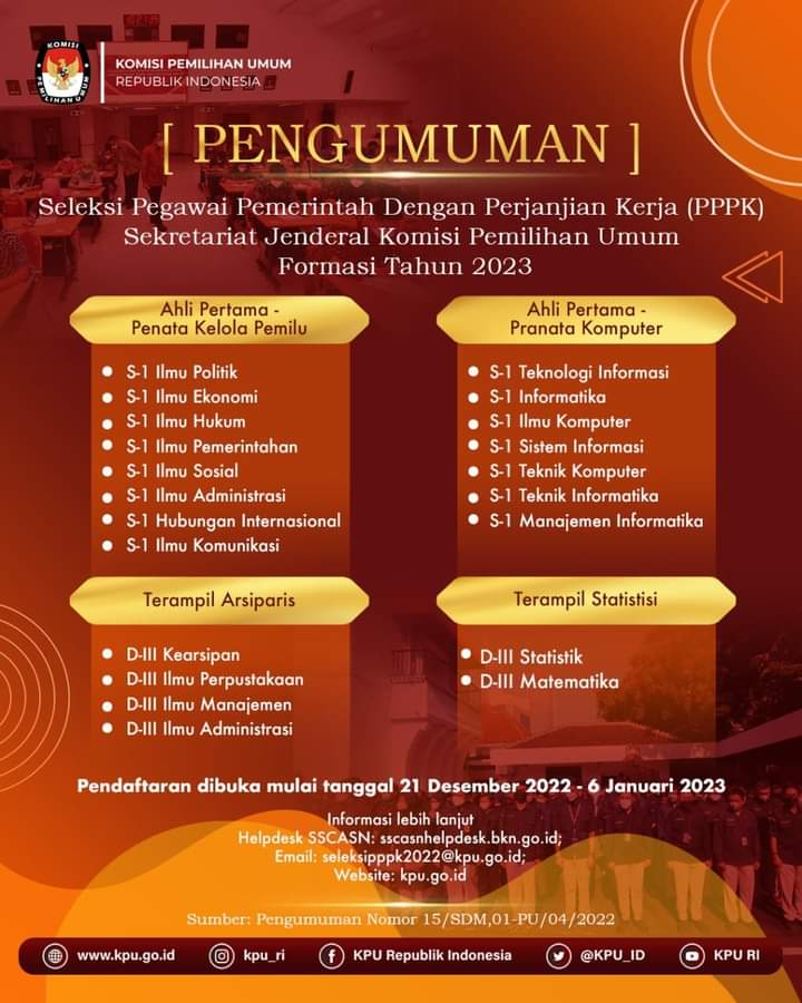 OtnieN's tweet photo. #TemanPemilih, KPU masih membuka Seleksi Pegawai Pemerintah Dengan Perjanjian Kerja (PPPK) Sekretariat Jenderal KPU Formasi Tahun 2023..
buat kamu yang berminat mengisi formasi di atas, segera daftar ya melalui laman https://t.co/GtrWDHHbuW sampai maksimal tanggal 6 Januari 2023 https://t.co/IZifiBpDVb