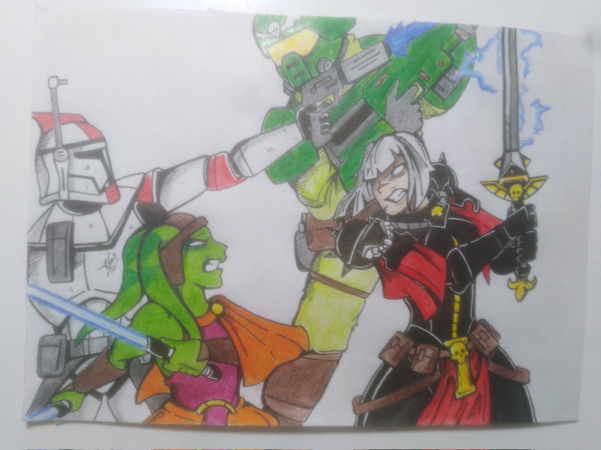 Dibucman1's tweet photo. Acá esta el dibujo terminado y les pregunto que es mas fuerte la fe al emperador o el camino de la fuerza. #warhammear #warhammer40k #fanart #StarWars https://t.co/nbck4k2wht
