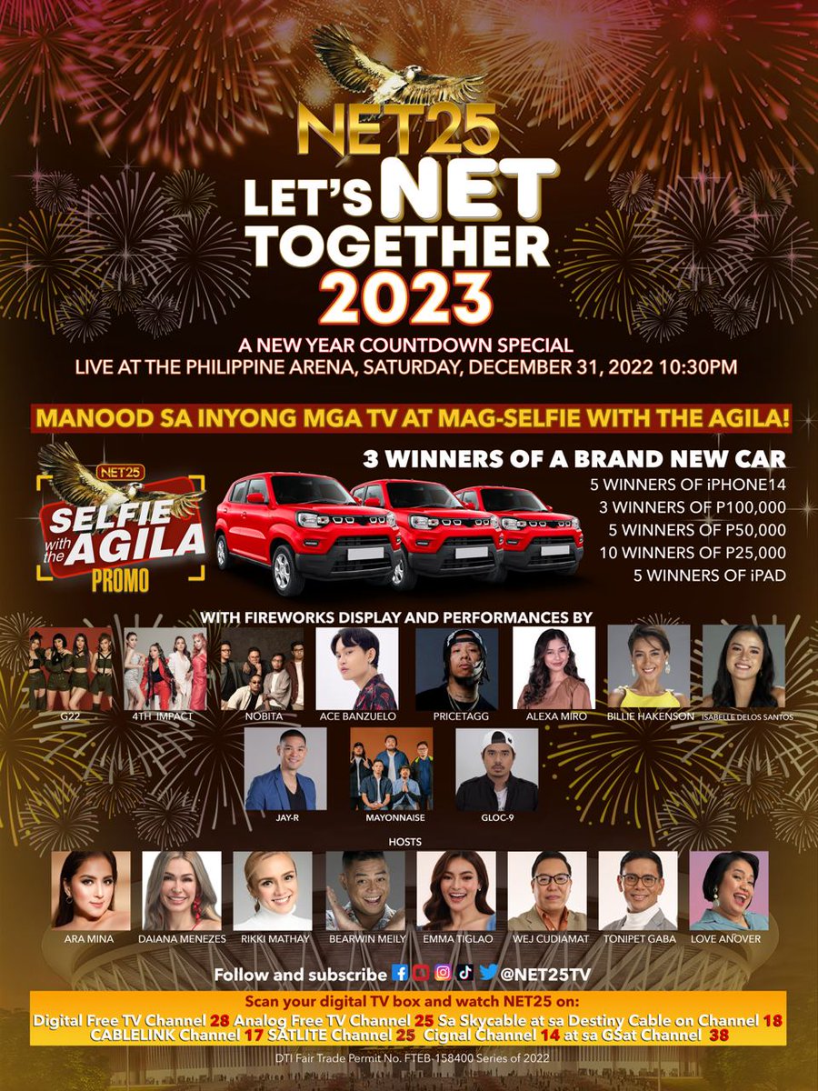 NET25TV's tweet photo. Makisaya sa Let’s NET together 2023 New Year Countdown Special ng NET25 sa Philippine Arena, Dec. 31, 2022 (10:30pm) hanggang Jan. 1, 2023 (12:30am)!

Maaari kang makatanggap ng premyo when you take your Selfie with the "Agila" on TV at i-upload sa  https://t.co/wcAEfeNijX! https://t.co/B0j0ScmnD1