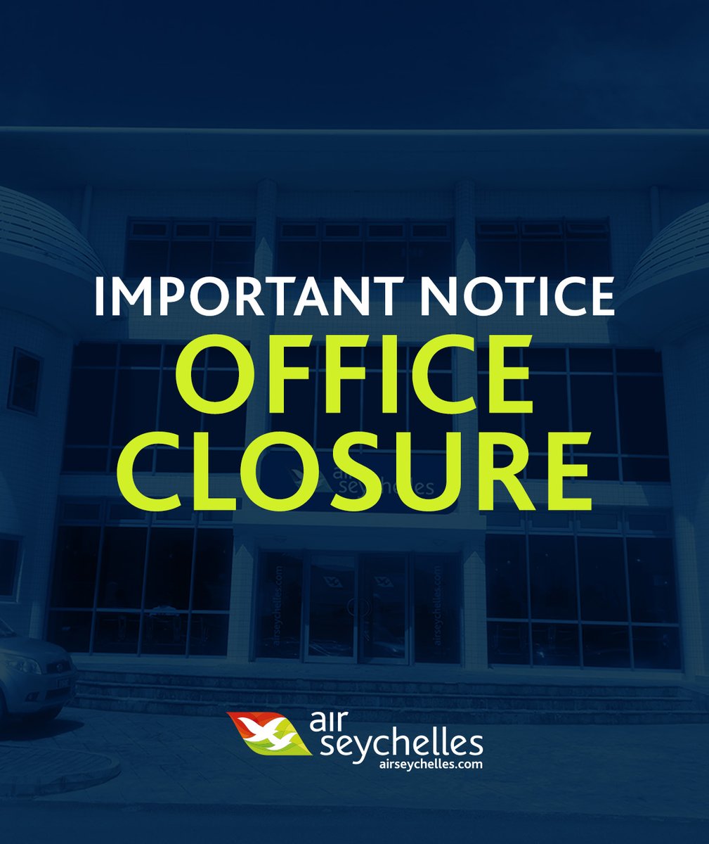 Air Seychelles (@air_seychelles) on Twitter photo Due to public holidays, revised hours of all our offices on Mahé and Praslin are:
Fri30Dec22 - 8:00am - 2:30pm
Closure from Sat31Dec22-Tue03Jan23.
For support, our team will be available from 8am-4pm on
callcenter@airseychelles.com
+248 250 7796 | +248 257 5639 | +248 263 3795 Due to public holidays, revised hours of all our offices on Mahé and Praslin are:
Fri30Dec22 - 8:00am - 2:30pm
Closure from Sat31Dec22-Tue03Jan23.
For support, our team will be available from 8am-4pm on
callcenter@airseychelles.com
+248 250 7796 | +248 257 5639 | +248 263 3795