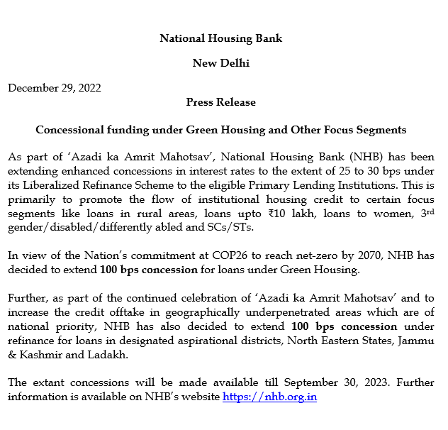 NhbIndia's tweet photo. NHB has extended concessional refinance for loans  under Green Housing (100 bps) &amp; other focus segments (25/30 bps) and for loans in aspirational districts, North Eastern States, Jammu &amp; Kashmir  and Ladakh  (100 bps) till September 30, 2023.
#AzadiKaAmritMahotsav @DFS_India https://t.co/zc7EF7E8Ym