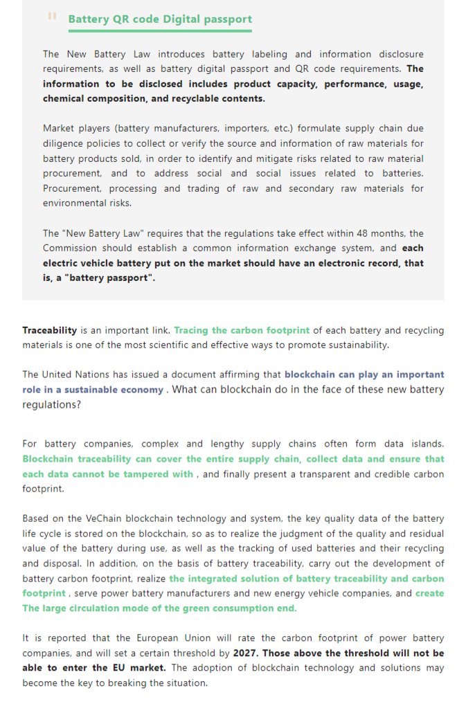 eisenreich's tweet photo. VeChain Technology Editorial: 'Is the Era of a Battery "Digital Passport" Coming?' 🔋

"Based on VeChain technology, key data of the battery life cycle is stored on the blockchain as well as the tracking of used batteries and their recycling and disposal." ♻️

#VeChain #EVs #Tech https://t.co/FGSrzmrS7p