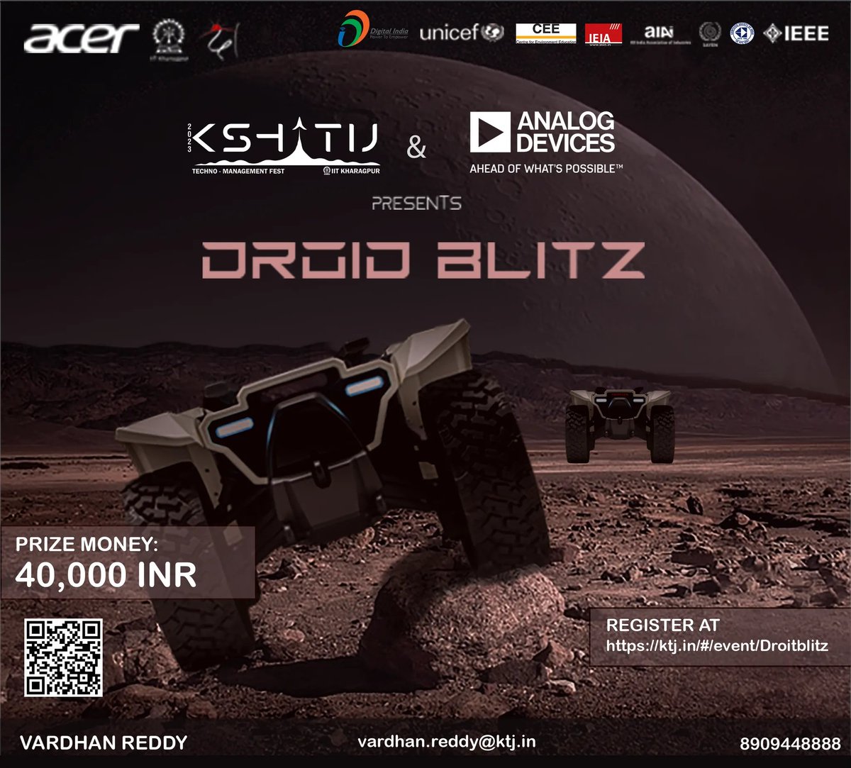 ktj_iitkgp's tweet photo. Kshitij presents “Droidblitz”. Take part in this event where students are asked to build wireless-remote controlled electric-powered robots.
Registration Link: https://t.co/Sy0p70xRp4
Deadline: 8th January, 2023
#droidblitz #robots #electricrobots #iitkgp #ktj2023 https://t.co/dzspc2cCJK