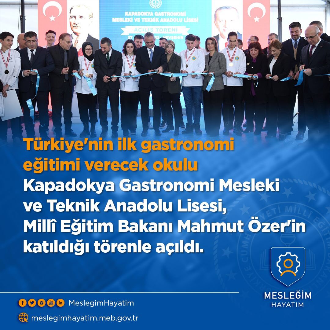 tcmeb_mtegm's tweet photo. #MesleğimHayatım | 📰

Türkiye'nin ilk gastronomi eğitimi verecek okulu Kapadokya Gastronomi Mesleki ve Teknik Anadolu Lisesi, Millî Eğitim Bakanı Mahmut Özer'in katıldığı törenle açıldı.

👉🏻 https://t.co/u5hTf4pK73 https://t.co/PfOzsA3R3P
