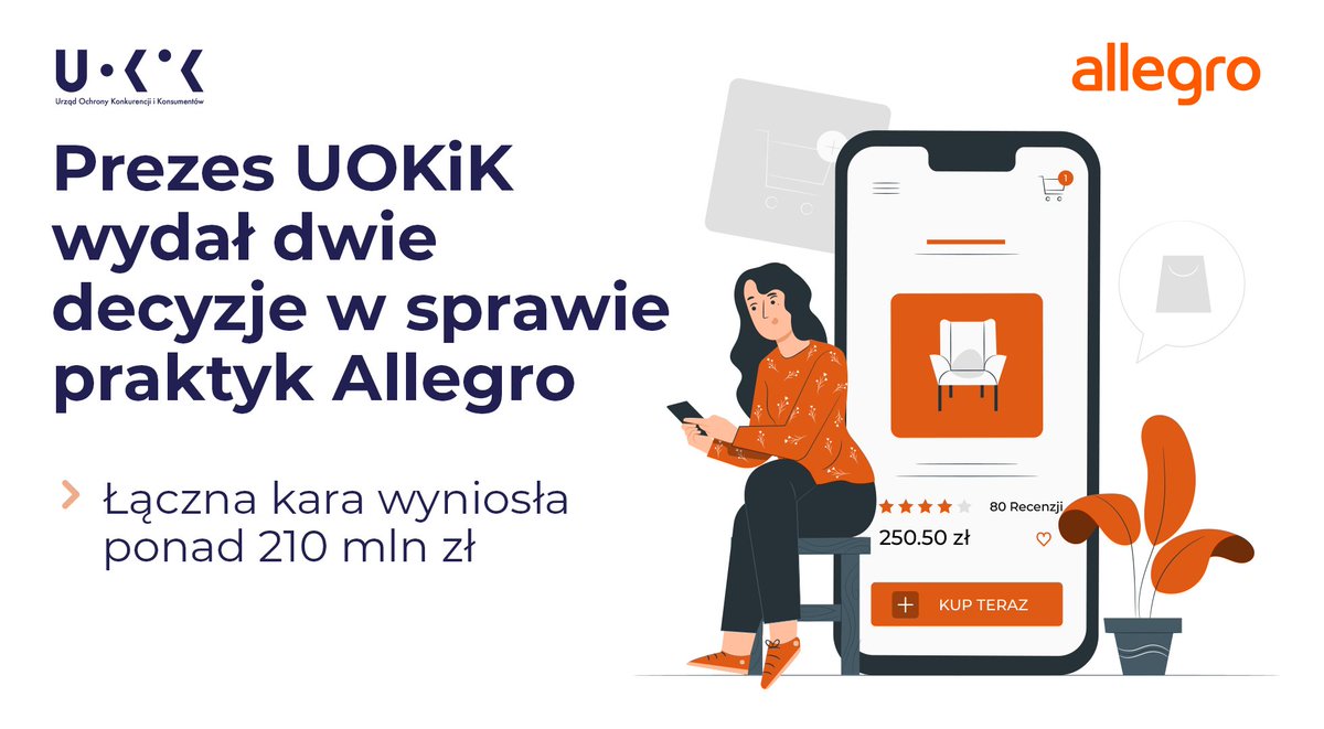 Prezes #UOKiK Tomasz Chróstny wydał 2⃣ decyzje, w których nałożył łącznie ponad 2⃣1⃣0⃣ mln zł kar na 
<a href="/Allegro_Group/">Allegro</a>

Pierwsza decyzja dotyczy złamania reguł konkurencji. 

Drugie rozstrzygnięcie dotyczy ochrony konsumentów.

Czytaj więcej ➡️ uokik.gov.pl/aktualnosci.ph…

[Wątek] 🧵