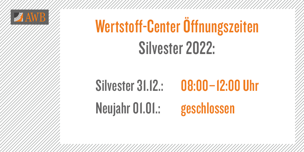awbkoeln_info's tweet photo. Die Öffnungszeiten unserer #WertstoffCenter an #Silvester und #Neujahr.
Mehr Infos unter https://t.co/DYJEieSLIy.
#awbkoeln #TeamAWB https://t.co/A1UwwIZmMo