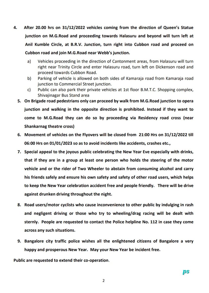 Poori5678's tweet photo. Guidelines issued by Bengaluru City police for NEW YEAR EVE. There is no entry for private vehicles from 8pm on 31 Dec to 1am on 1Jan on MG Road,  Brigade Road, Church Street, Museum Road, Rest House Road, and Residency Cross Road. https://t.co/EeT21ONavY