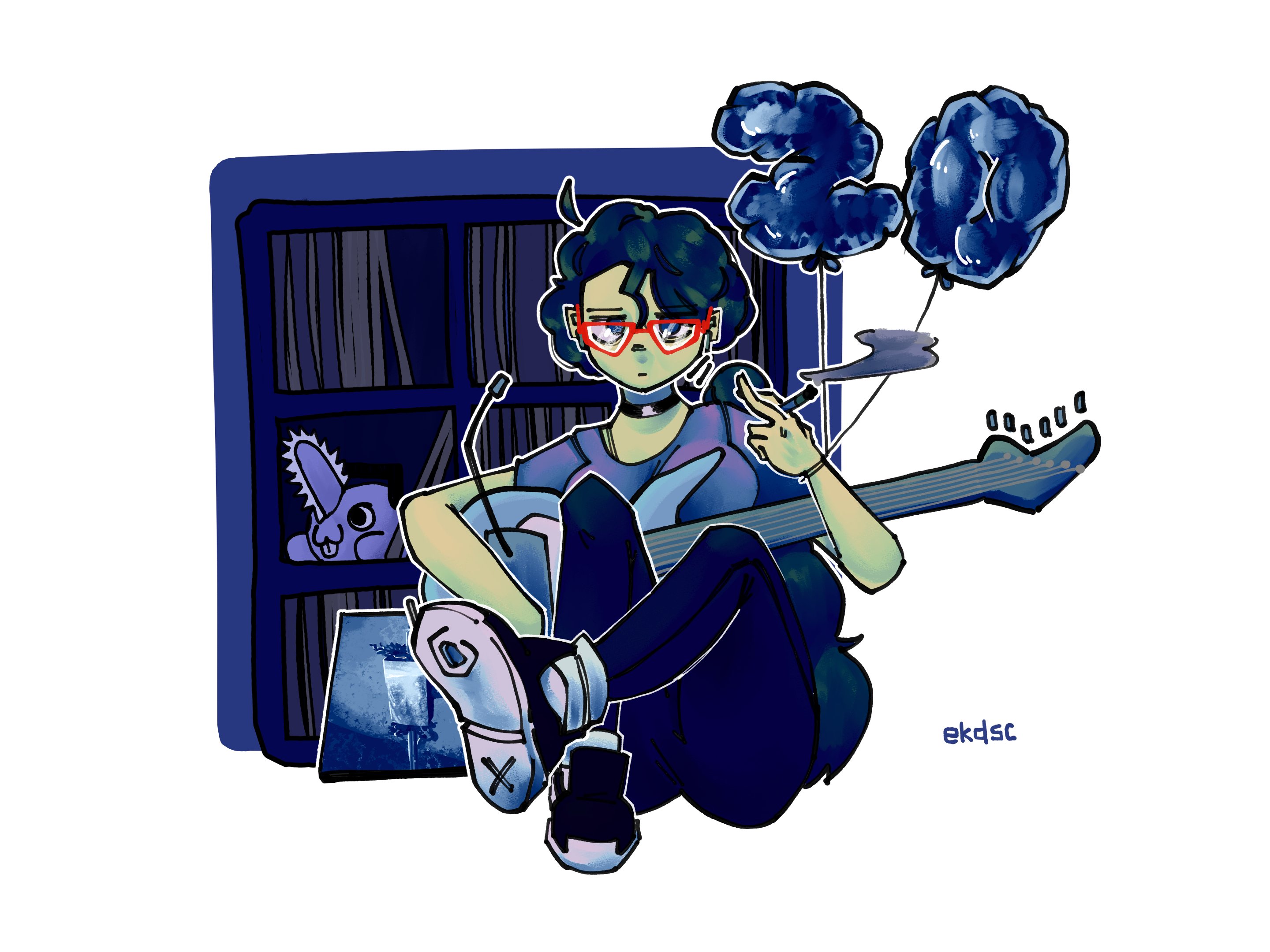 El sitting on the floor in front of a bookcase with a cyan guitar on her lap. She has a lit cigarette in one hand with a ballon saying '20' wrapped around the same wrist. In the bookcase is vinyl and a Pochita plushie.