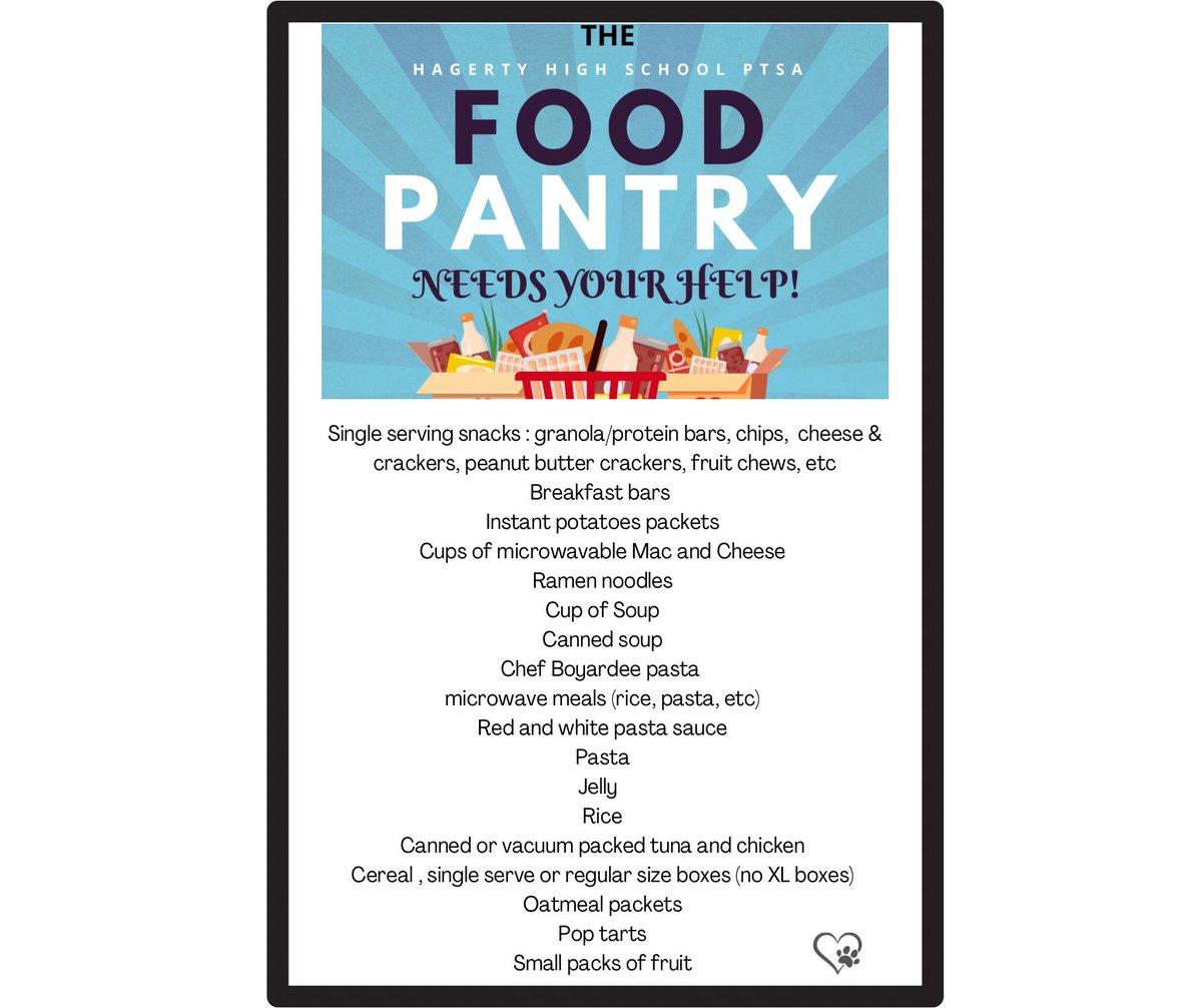 As we prepare to start the new year &amp; semester, we need to restock our HHS Food Pantry!
This list is our most needed items and donations can be dropped off starting Monday morning. (Please no canned veggies/beans or peanut butter at this time). THANK YOU for your support! 💙🖤🐾