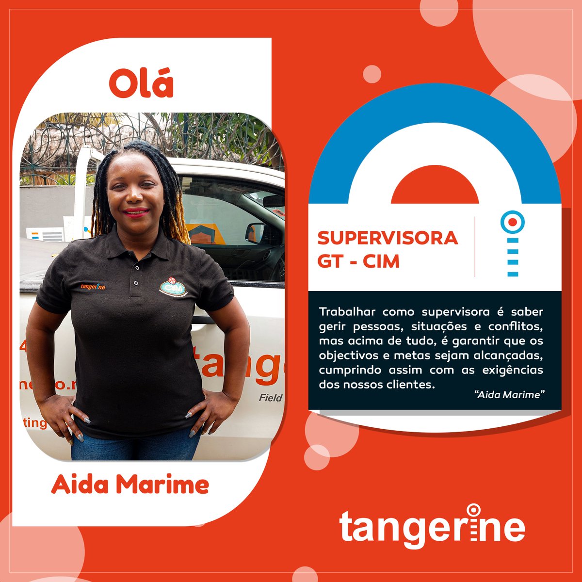 tangerinemoz's tweet photo. Olá Aida🖐🏽

A Aida é Supervisora na Tangerine, e junto ao seu Gestor, coordena actividades e monitoriza o trabalho das suas equipas no campo.

#Tangerine #People #HumanResources #Marketing https://t.co/oy5lRUfrro