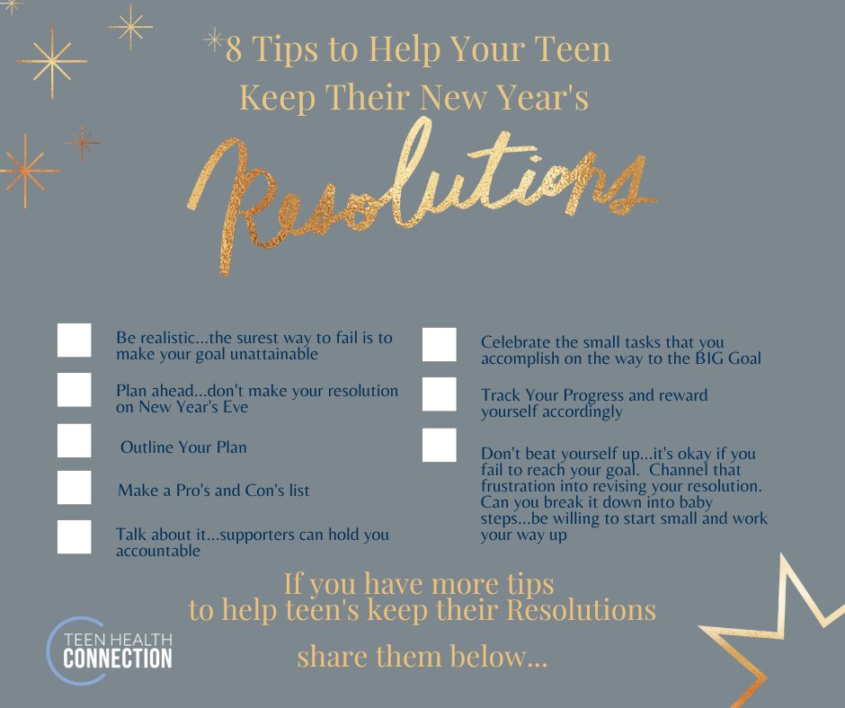 Help your teen set reasonable New Year’s Resolutions. It’s about celebrating the little wins on the way to the big goal.  #TeenHealthConnection #Parenting #parentcoaching #Parentsofteens