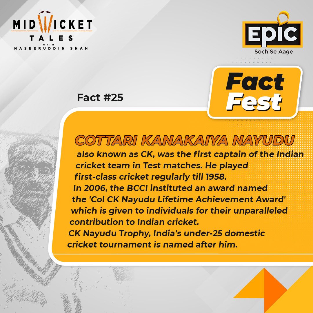 OfficalEPICTV's tweet photo. #DidYouKnow : The Government of India awarded C.K.Nayudu the civilian honour of Padma Bhushan in 1956.
#EpicFactFest #FactFest #FactTime #CKNaydu #BCCI #ICC #IndianCricket #IndianCricket #Bowling #CricketLovers #BelieveItOrNot #FactsDaily #Facts #QuizTime #UnrealFacts https://t.co/kD7zM7UTfY