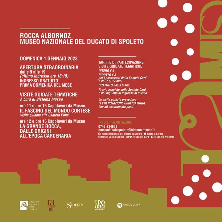 #laroccainvita

<a href="/MiC_Italia/">Ministero della Cultura</a>
<a href="/SpoletoCard/">Spoleto Card</a>
<a href="/ComunediSpoleto/">Comune Spoleto</a>
<a href="/museitaliani/">museitaliani</a>

📍Inizia l'anno con noi

Il prossimo 1 gennaio apertura straordinaria dalle 9 alle 19 e visite guidate tematiche per scoprire la soria, il fascino, la bellezza della Rocca... e per saperne di più 👇👇