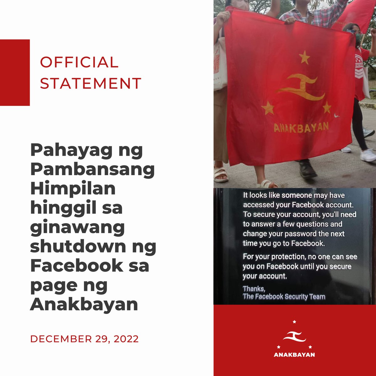 anakbayan_ph's tweet photo. Kinukondena ng militanteng kabataan ang pwersahang pagpapatahimik ng estado sa pamamagitan ng Meta sa mga progresibong boses. Asahan nila na patuloy na lalaban ang kabataan para sa tunay na kalayaan at demokrasya!

Basahin: https://t.co/VAa5N3crXu

#StopTheAttacks
#YouthFightBack https://t.co/nOcTff6HfQ