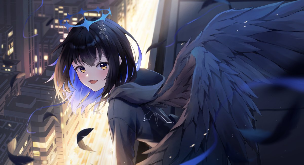 1girl wings solo black hair feathered wings hood looking at viewer  illustration images