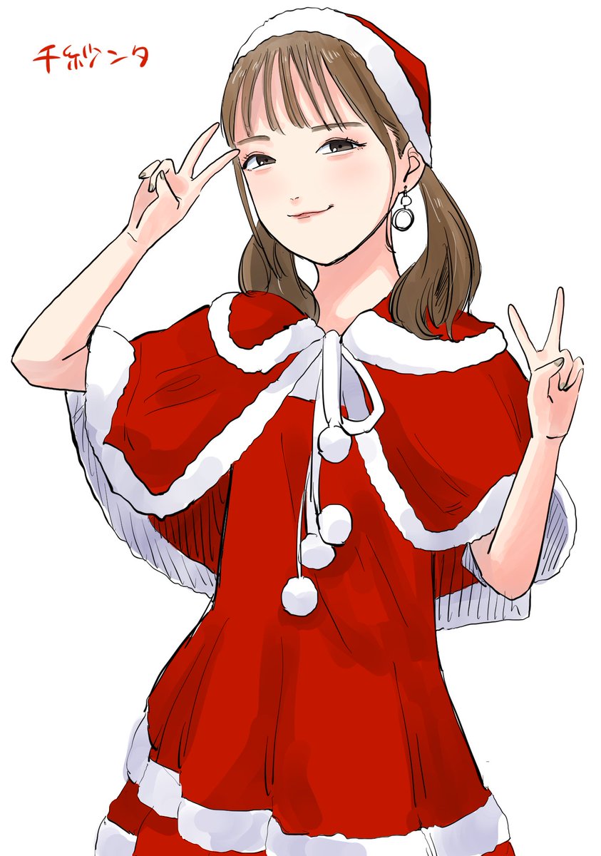 1girl solo v double v santa hat hat brown hair  illustration images