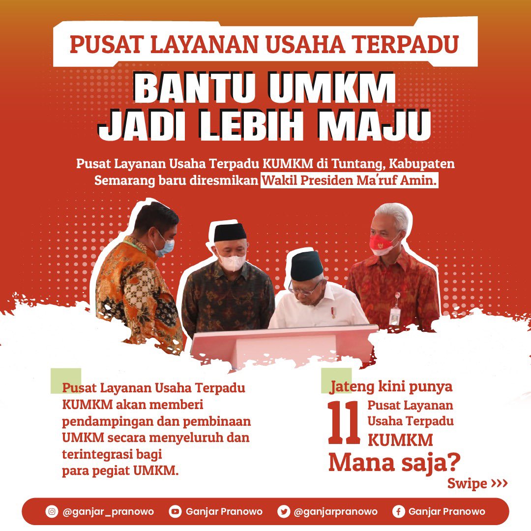 ganjarpranowo's tweet photo. Pemerintah terus menghadirkan transformasi ekonomi yang inklusif dan menjangkau semua lapisan tingkatan ekonomi. 

Perluasan akses dan kesempatan kerja,  salah satunya bisa terlaksana melalui kehadiran PLUT UMKM. https://t.co/ThW8JF9bH7