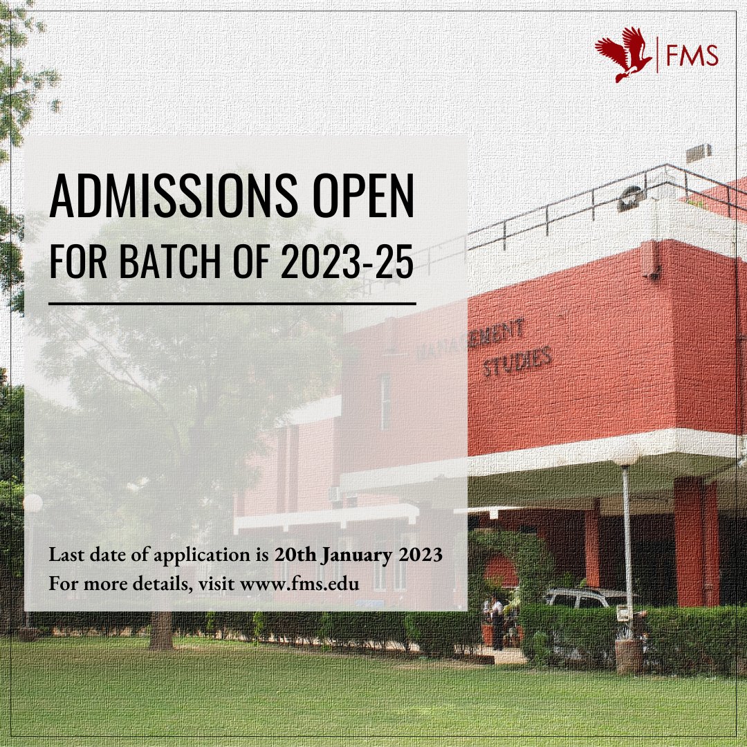 FMS_Delhi's tweet photo. Application forms for the FMS MBA (Full-Time) Programme, MBA Executive Programme and MBA Executive (Health Care Administration) Programme for the batch of 2023-25 are now open.
https://t.co/OEEI603TXx
#FMSDelhi
#RedBuildingOfDreams
#LifeAtFMS https://t.co/BjWh6sJxIc