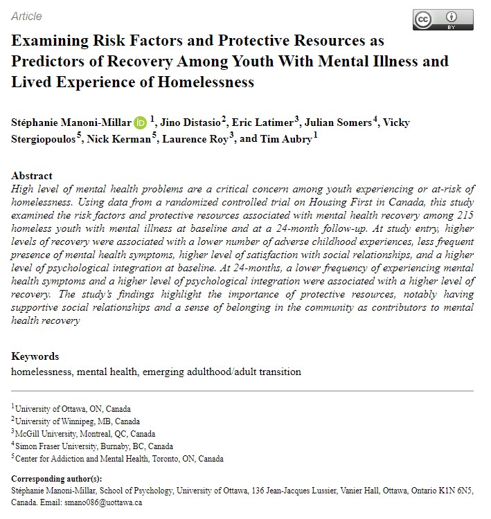 TimAubry's tweet photo. Congrats to @S_mmillar for her 1st author publication of the #openaccess article in Youth &amp; Society on predictors of recovery among youth with lived experience of homelessness who participated in the Canadian At Home / Chez Soi Demonstration Project #HousingFirst #RighttoHousing https://t.co/ay9FYRqR5h