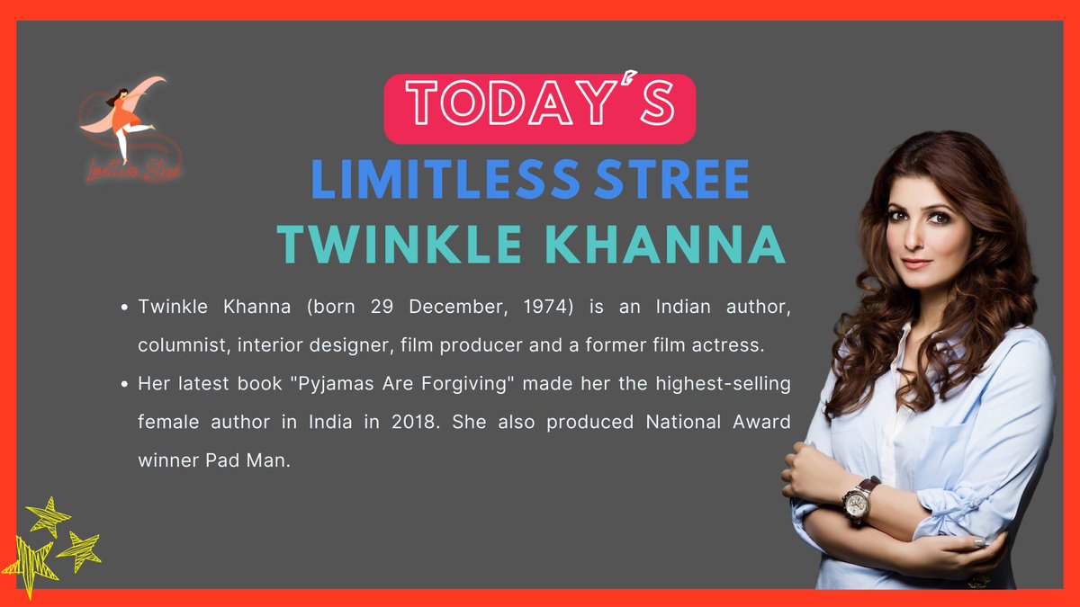 Limitless_Stree's tweet photo. #LimitlessStree celebrates @mrsfunnybones on her birthday!

In 2019, she launched "Tweak India", a bilingual digital media platform for women.

#twinklekhanna #twinklekhannaday #hbd #mrsfunnybones #padman #writers #producer #bollywood https://t.co/avPvW1B95T
