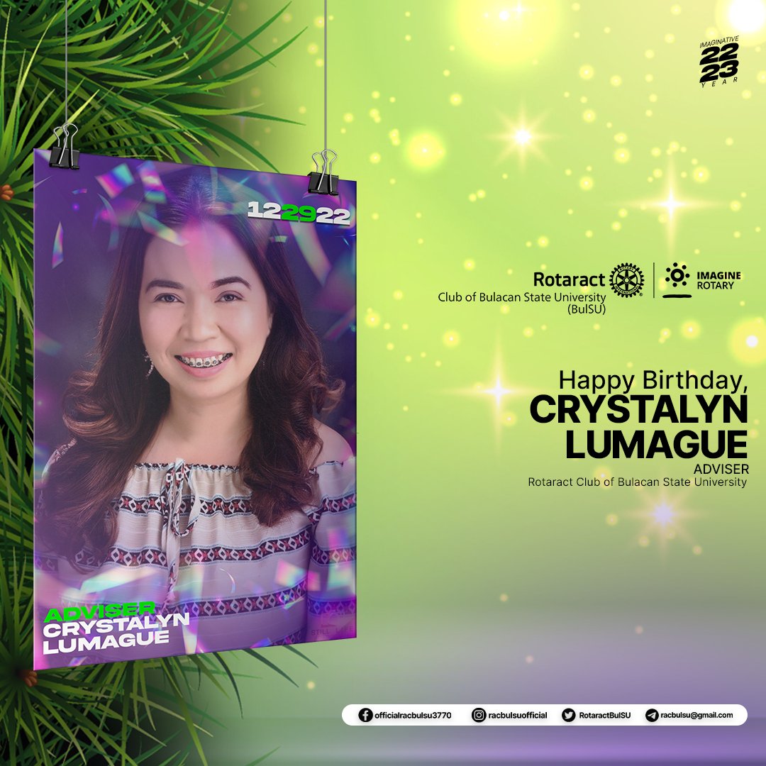 RotaractBulSU's tweet photo. 𝑰𝒕’𝒔 𝒂 𝑫𝑶𝑼𝑩𝑳𝑬 𝒄𝒆𝒍𝒆𝒃𝒓𝒂𝒕𝒊𝒐𝒏!! ✨

We are greeting our organization’s adviser, Ms. Crystalyn Rumague and our Rotary Foundation Assistant Director, Aila Santos as they celebrate their birthdays today, December 29. 🥳 https://t.co/rNmjvLvOmh
