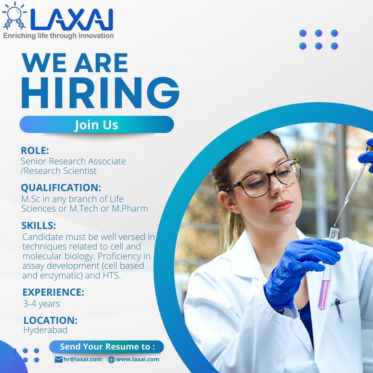 LifeLaxai's tweet photo. LAXAI Life Sciences is looking for a Senior Research Associate /Research Scientist to join the team at it's Discovery Centre in Hyderabad.
Apply now!
Send your resumes to hr@laxai.com
#hiring #hiringnow #biologists #research #researchanddevelopment #cro #vacancy #applynow https://t.co/xNUKbgNYBL