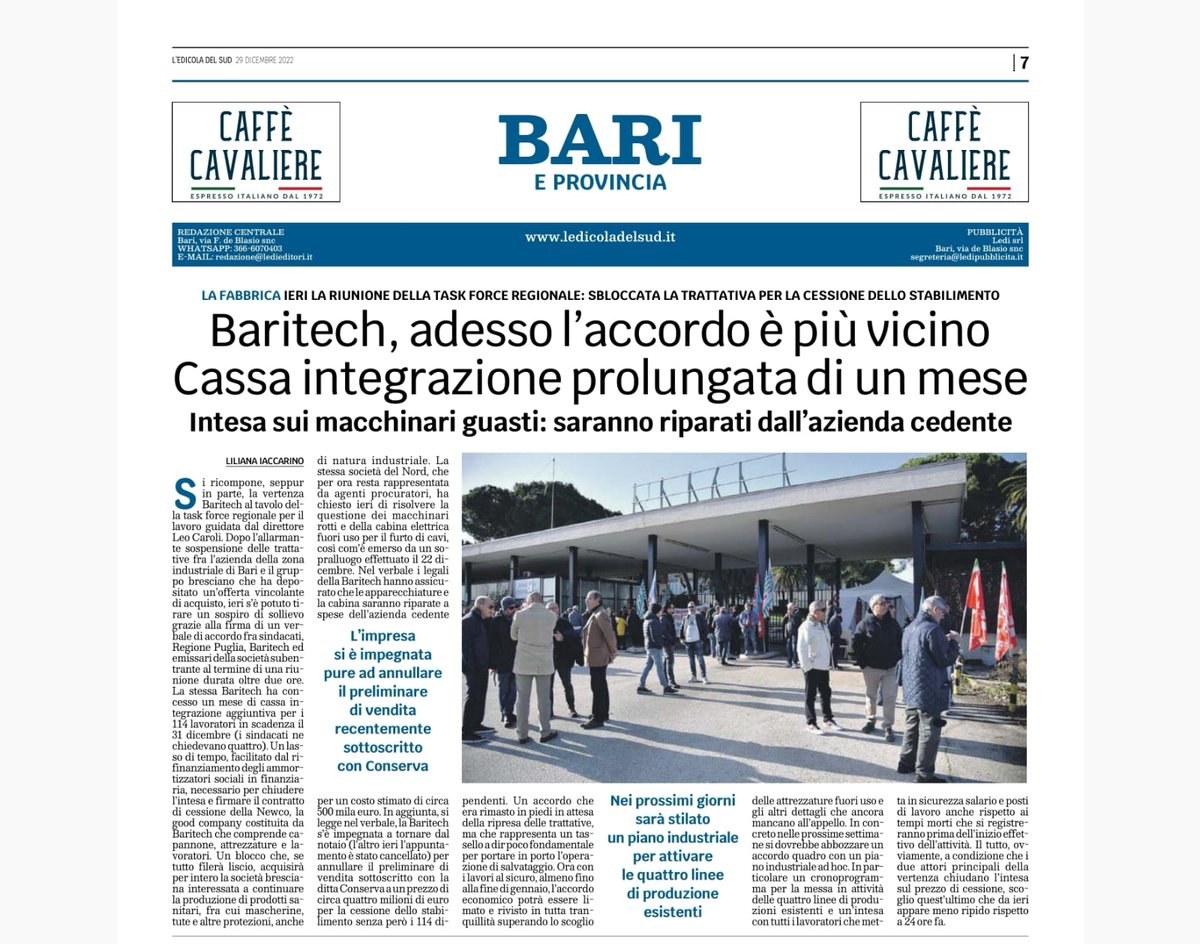 cisl_bari's tweet photo. Sui quotidiani @ledicoladelsud @QuotidianodiPuglia e @LaGazzettaWeb intervento del nostro Segretario Generale @GiuseppeBoccuzzi
Sulla vertenza #baritech
@CislPuglia @CislNazionale @antonia_sinisi @pasqualefiore https://t.co/QWcveM7IWo