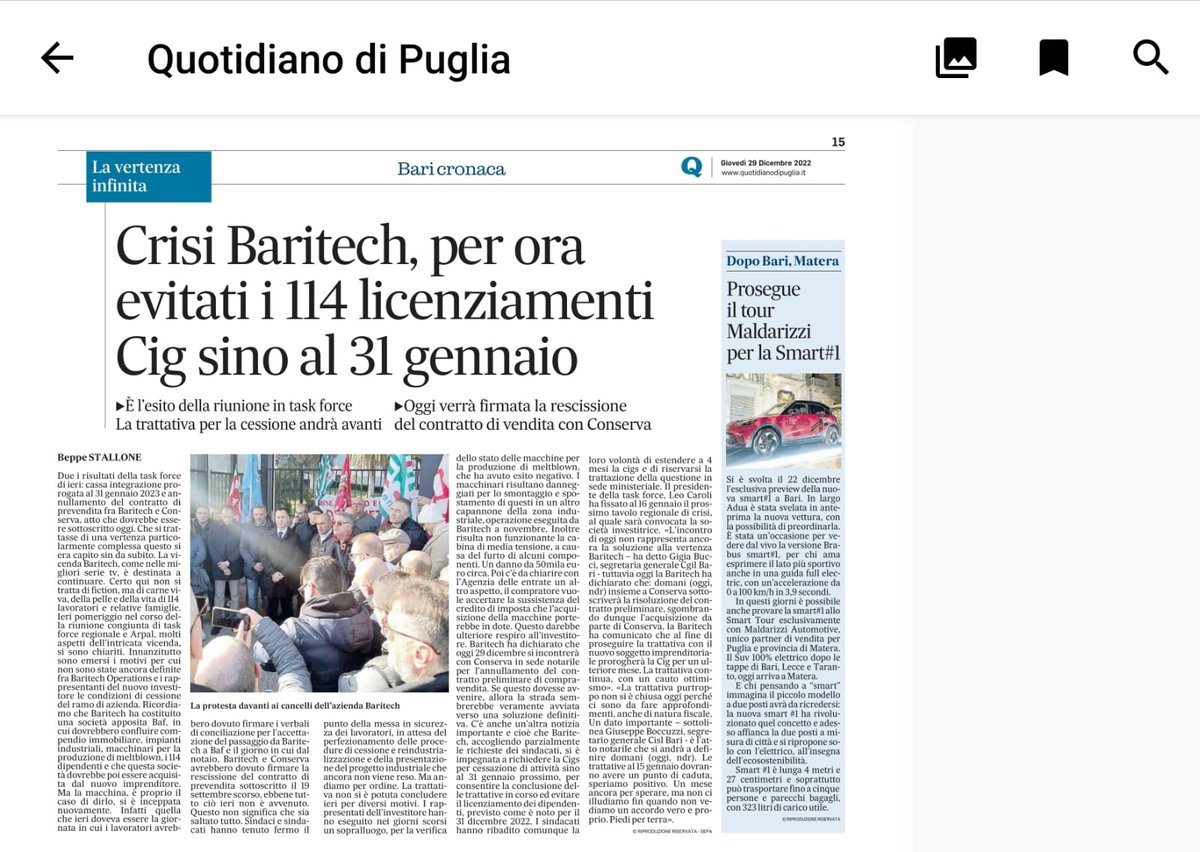 cisl_bari's tweet photo. Sui quotidiani @ledicoladelsud @QuotidianodiPuglia e @LaGazzettaWeb intervento del nostro Segretario Generale @GiuseppeBoccuzzi
Sulla vertenza #baritech
@CislPuglia @CislNazionale @antonia_sinisi @pasqualefiore https://t.co/QWcveM7IWo