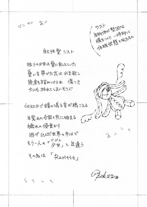 ☞ 自己性愛シスト☜

独りの少女は愛に飢えていた

憂いを帯びた花は水を欲し
幾度も踏みつけられ 傷つき 
今にも枯れてしまいそうで

何処かで鐘の鳴る音が聴こえる

目覚めの合図と共に始まる
穢れの侵食から
逃げ込んだ世界の中心で
もう一人の「少女」と出逢う

その名は【Raritte】

(*再掲) 