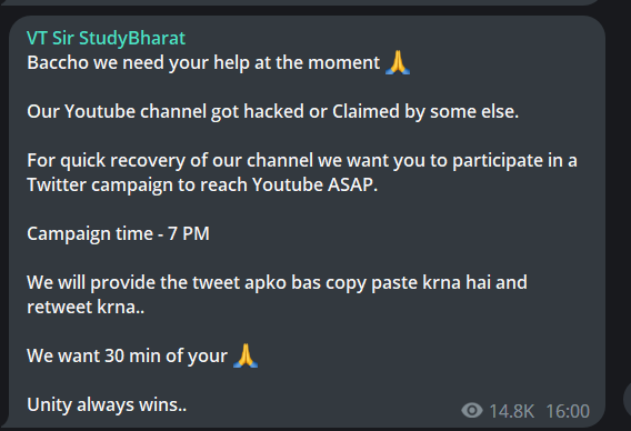 ElonMast_07's tweet photo. @NeonMan_01 @TheBongGuy @NeonMan_01  pls help Study Bharat Channel there channel got hacked https://t.co/xcP8CsOnXD