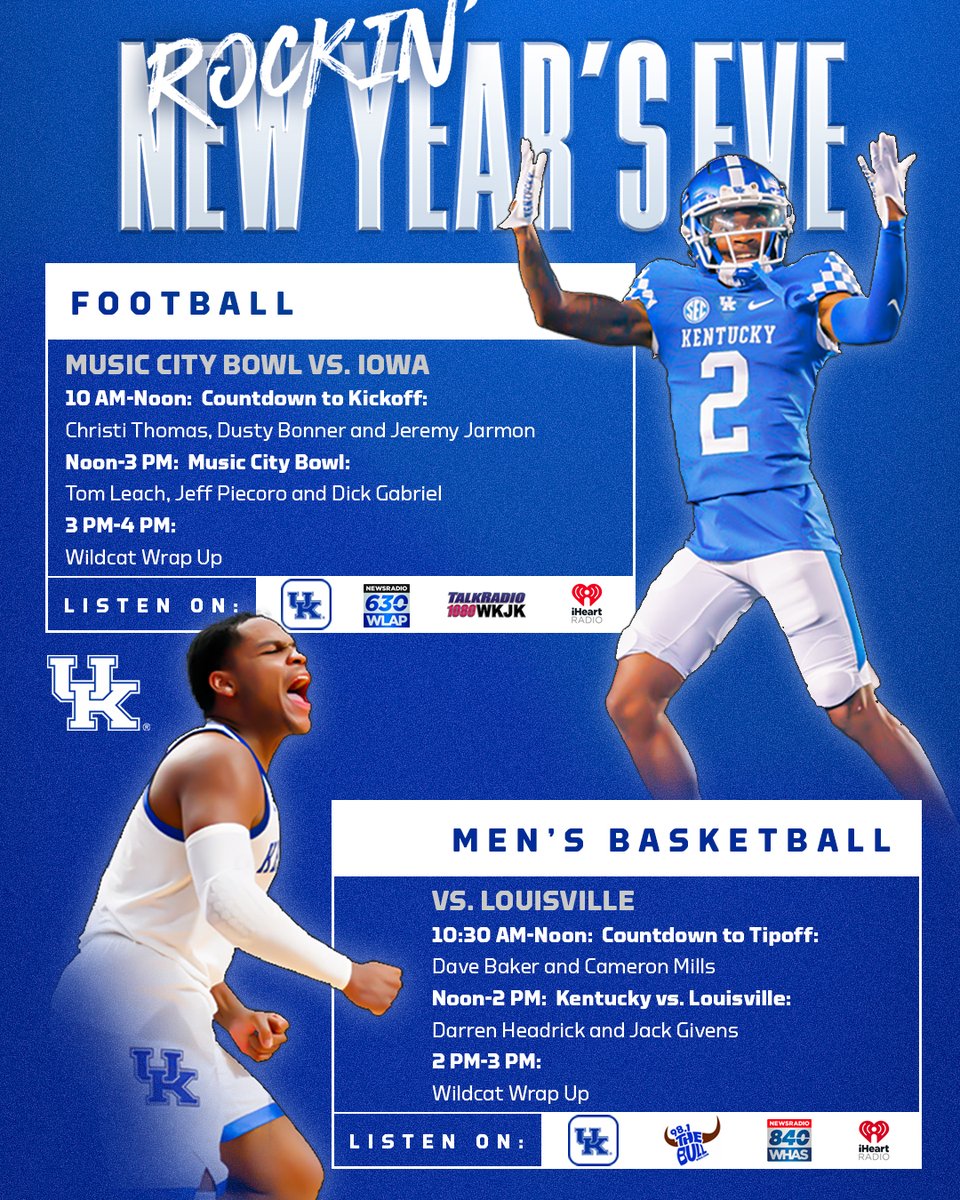 How to listen to <a href="/UKFootball/">Kentucky Football</a> and <a href="/KentuckyMBB/">Kentucky Men’s Basketball</a> on Dec. 31st. 

Both will be available on the <a href="/UKAthletics/">Kentucky Athletics</a> App.

Men's Basketball will be on 98.1FM in Lexington &amp; 840AM in Louisville. 

Football is available on 630AM in Lexington, 1080AM in Louisville and across the radio network.