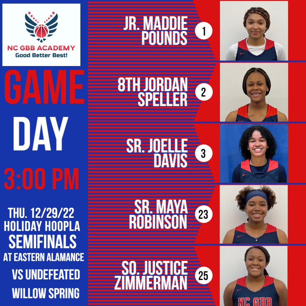 NCGBBA's tweet image. 🏀GAME DAY Semis at Holiday Hoopla🏀

3 pm vs. 11-0 Willow Spring

🏟Eastern Alamance HS
4040 Mebane Rogers Rd

0 @KailynYoung2 
1 @Maddiepounds 
2 @JordanSpeller3 
3 @_JoelleDavis 
4 Lola Richardson
15 @KadinScott3
21 Dayna Jones 
23 @MayaRob2023
24 Amiya Lemmon
25 @JusticeZ24
