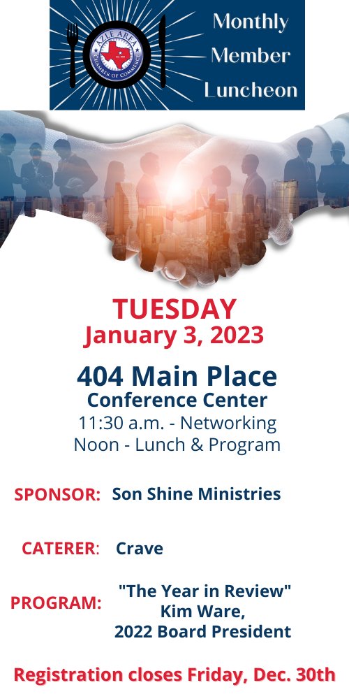 AzleChamber's tweet photo. Join us for our first luncheon of 2023 on January 3rd. Kim Ware our 2022 Board President will present, "The Year in Review." Registration is open and will close at Noon on Friday, December 30th. Visit https://t.co/5nKWbeHvVp to reserve your spot! #yourchamberatwork #azlechamber https://t.co/dwWDuCGThe